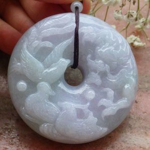 Certified Burma A Jade jadeite Mandarin Duck Dragon Phoenix Pendant Necklace
